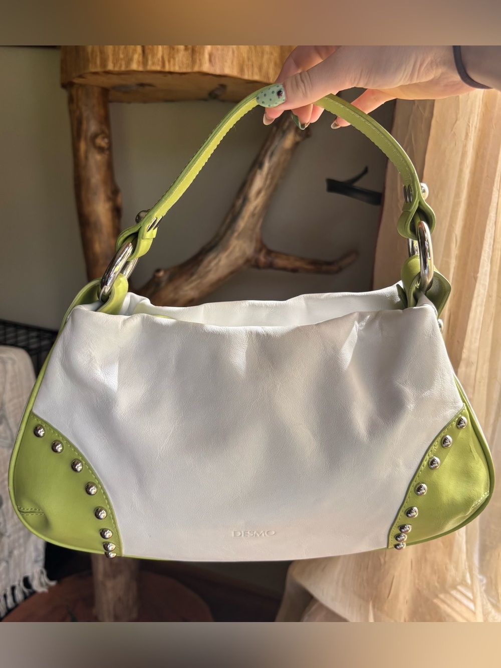 Desmo White and Lime Green Studded Shoulder Bag Made In Italy
